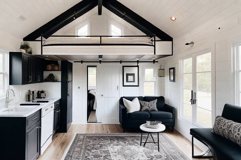 black and white luxurious tiny home kitchen