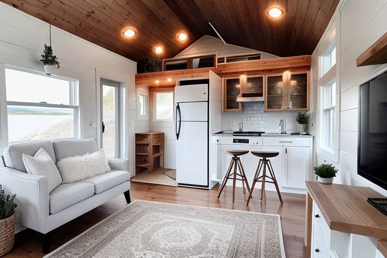 relaxing white tiny house interior