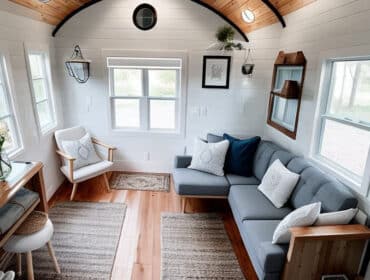 relaxing white tiny house living room area