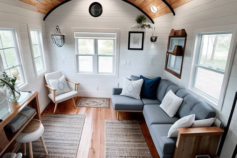 relaxing white tiny house living room area
