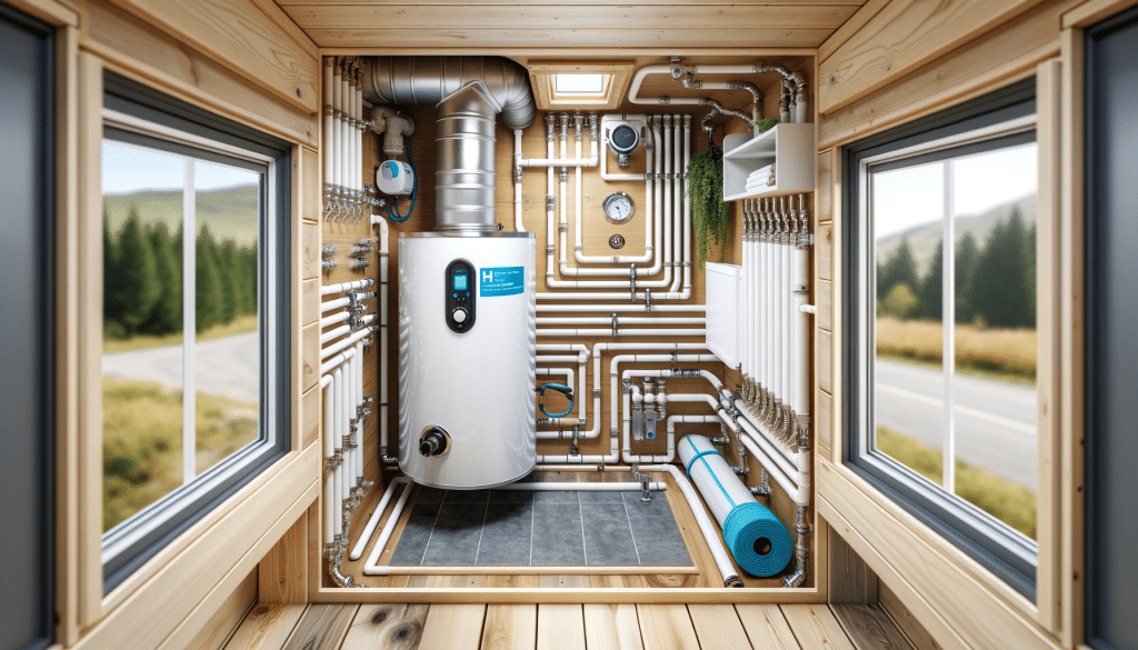 nnovative and space-efficient plumbing setup inside a tiny house, featuring a tankless water heater and compact PEX piping