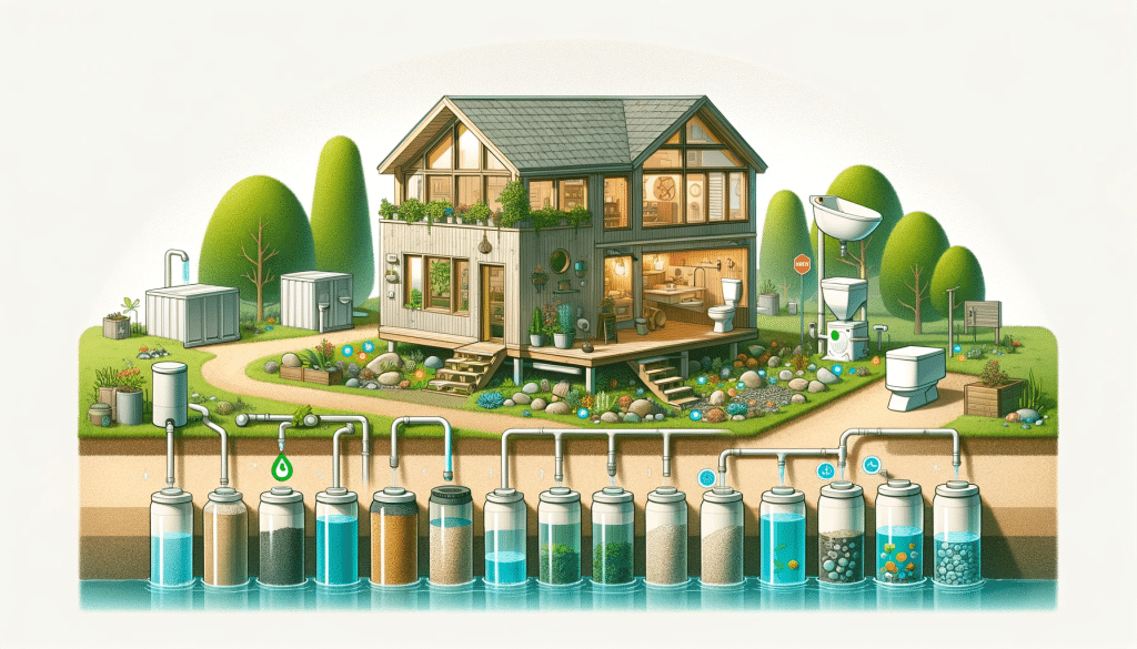 An illustration of greywater recycling in a tiny house, showing how greywater is utilized for landscaping or flushing toilets.
