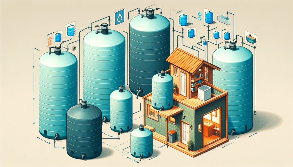  An illustration showing various sizes of water tanks in relation to a tiny house, depicting how the choice of tank size is influenced by available space